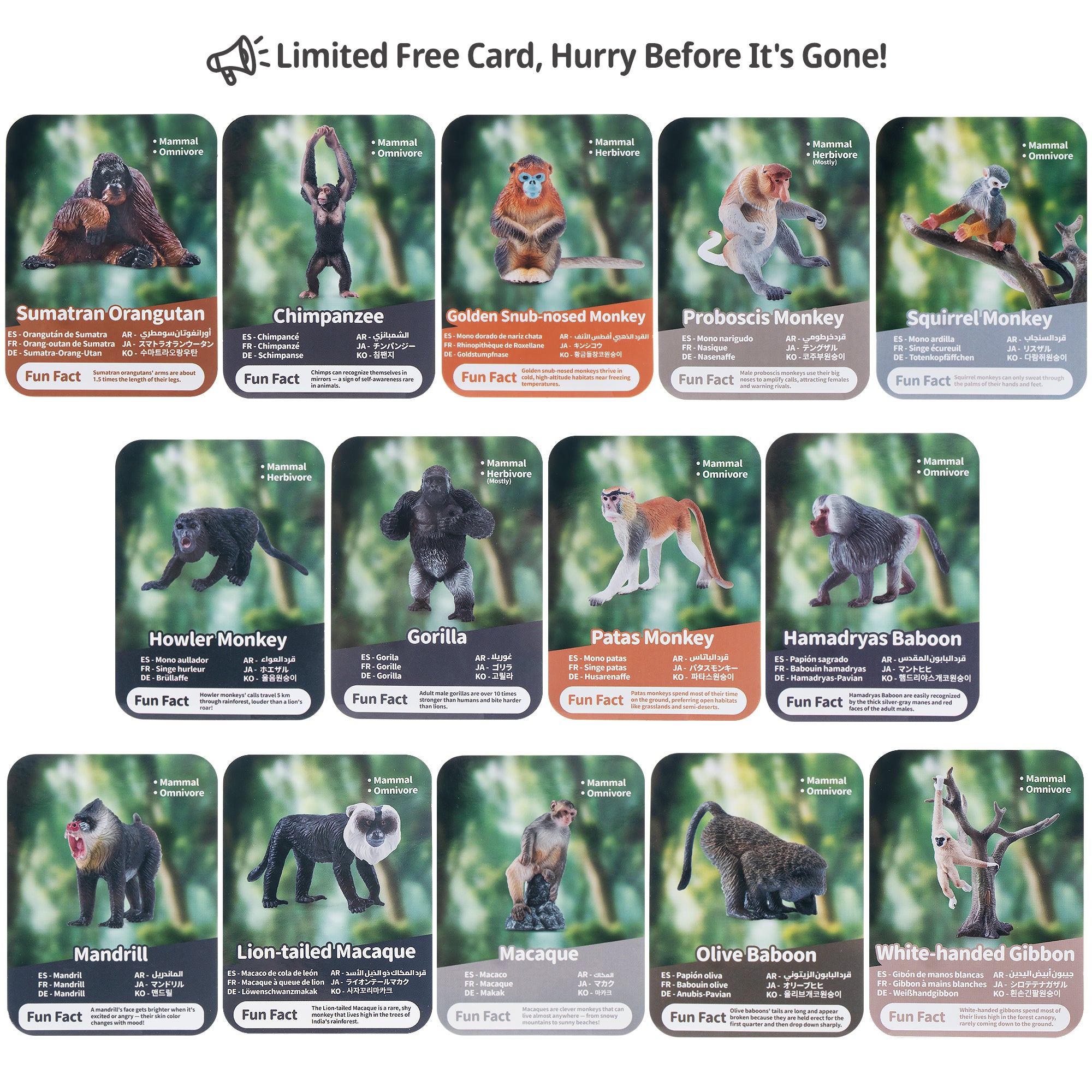 15-Piece Primate Figurine Playset (Monkeys & Apes)
