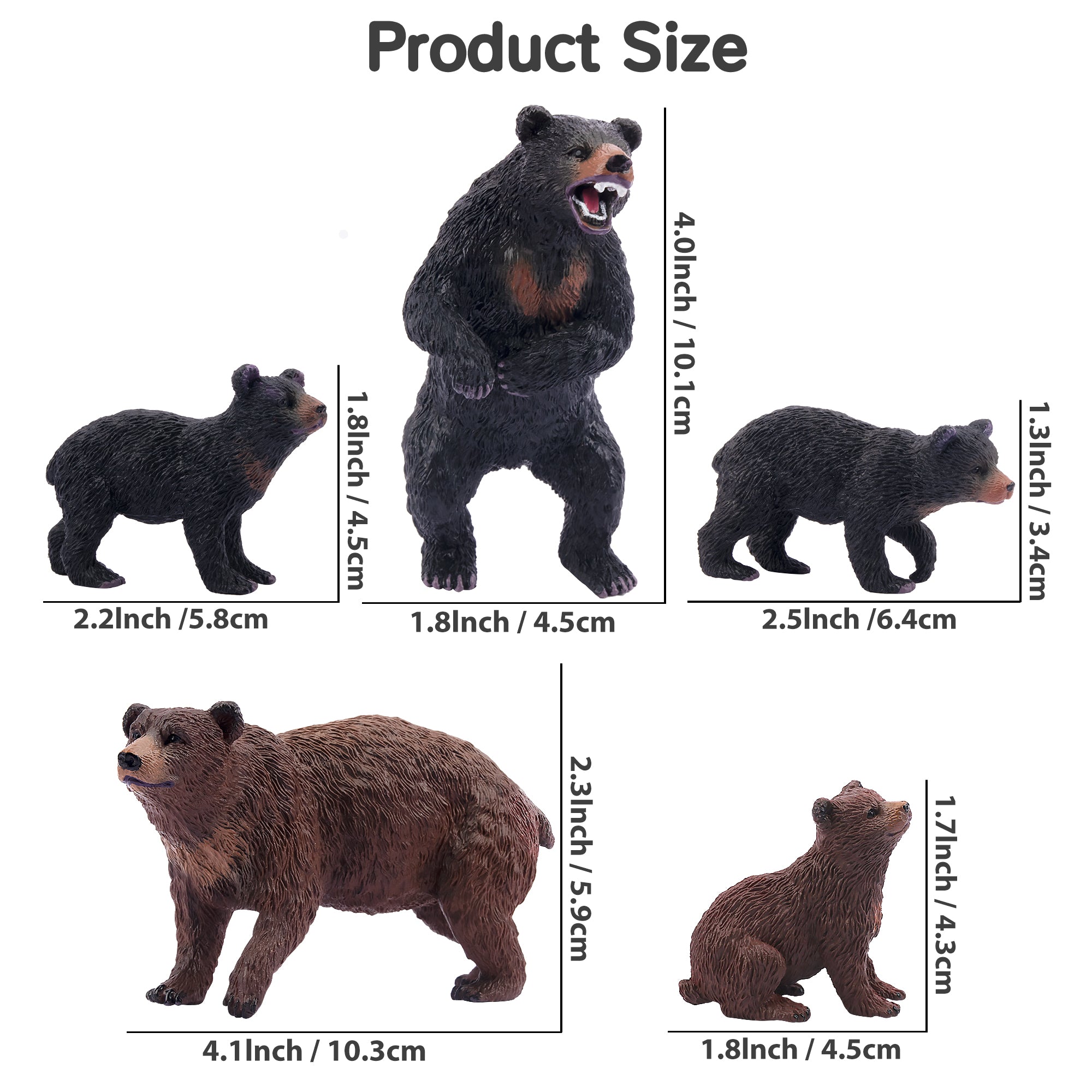 6-Piece Bear Figurines Playset with Brown & Black Bears-size